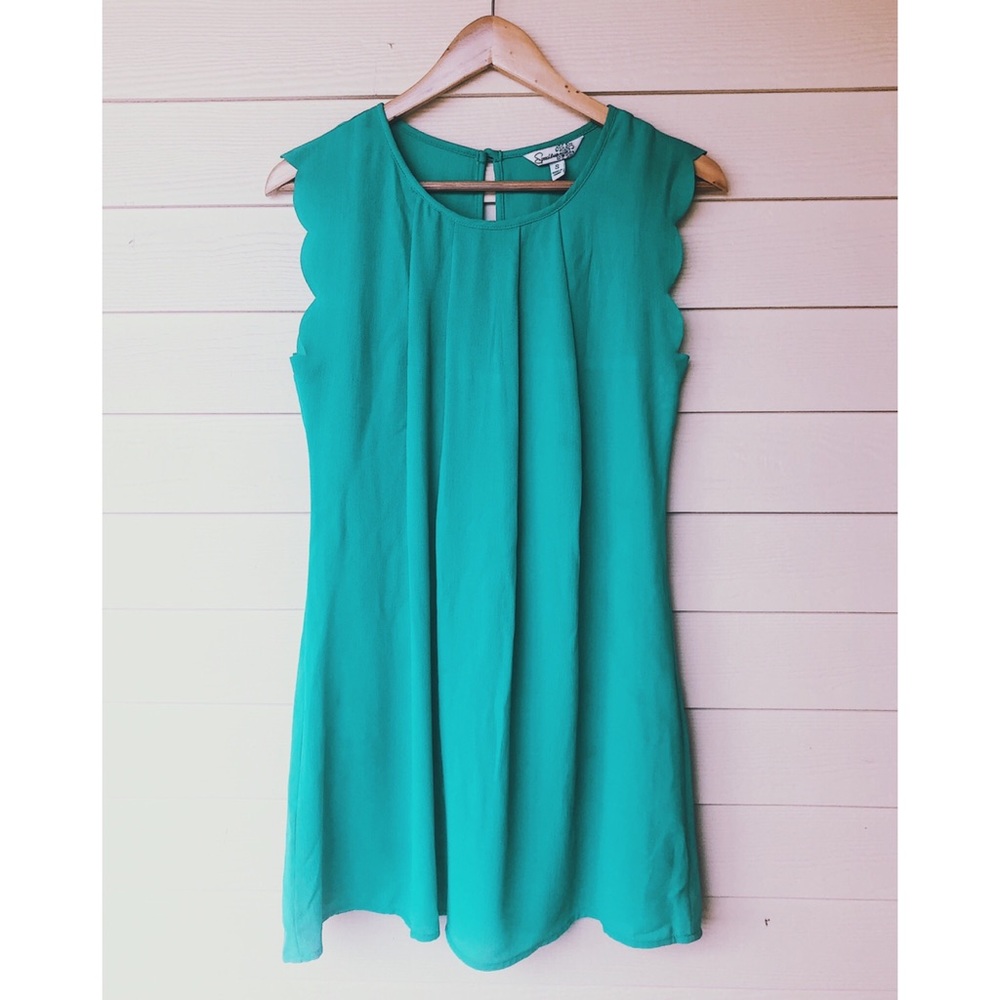 Turquoise Shift Dress with Scallop Sleeves